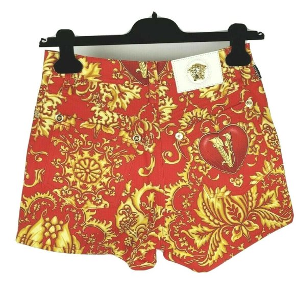 VERSACE Red Gold Denim Baroco Medusa Shorts 26/4 - Picture 3 of 13